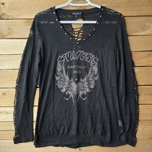 LACULTURE Sturgis Bike Rally 2010 Rhinestone Long Sleeve Cut Out Shirt Womens XL